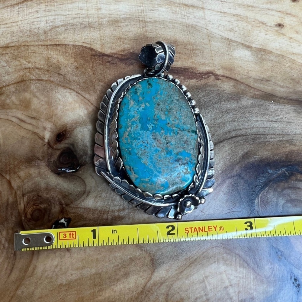 Boho South Western Fern Leaf Sterling Silver & Turquoise Large Pendant 🌿 - Picture 9 of 13